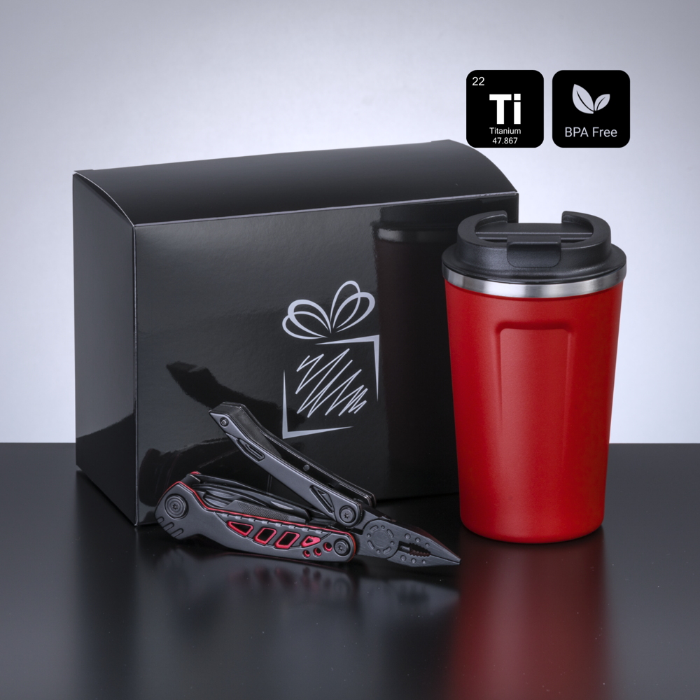 Travel Set II: Kaffeebecher 350 ml und stahl-Multitool mit Titanbeschichtung
