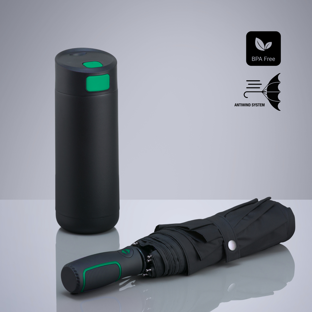 Dynamic Set: Thermobecher 450 ml und Automatikschirm - Grün